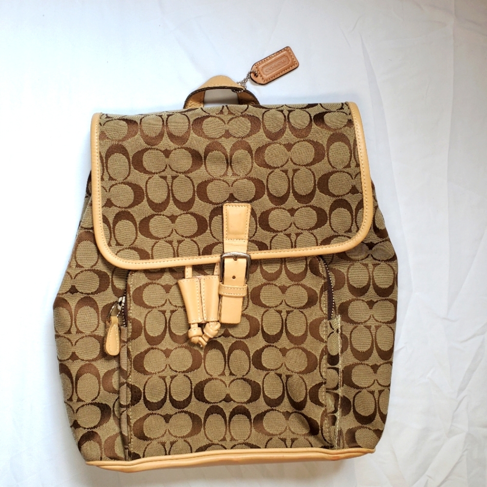 Coach Vintage Khaki Monogram Logo And Leather Backpack